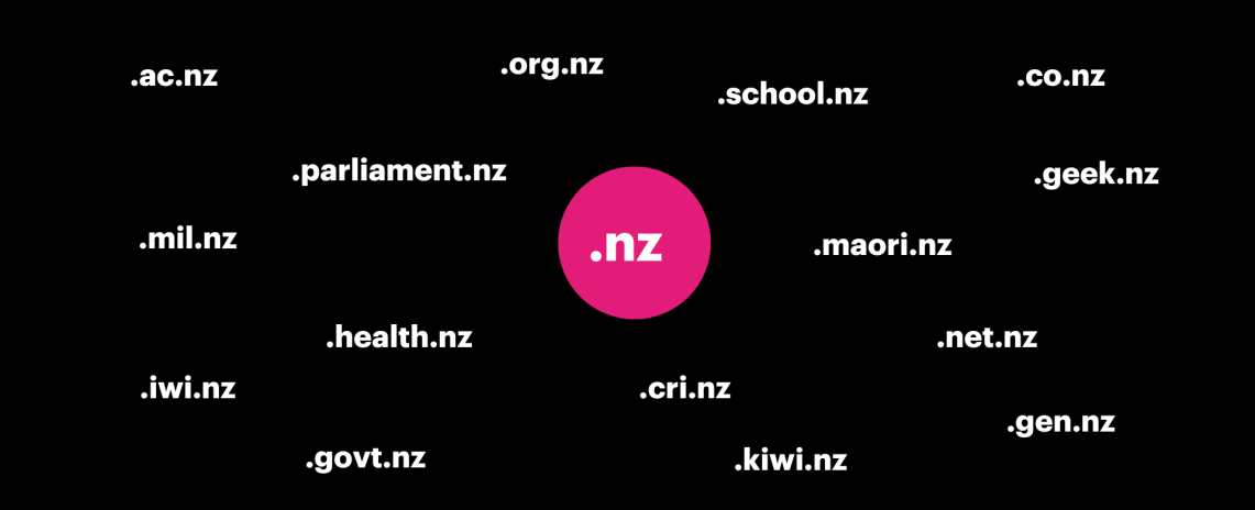 An image illustrating .ac.nz, .co.nz, .geek.nz, .gen.nz, .kiwi.nz, .maori.nz, .net.nz, .org.nz, .school.nz, .cri.nz, .govt.nz, .health.nz, .iwi.nz, .mil.nz, .parliament.nz, and .nz (direct)