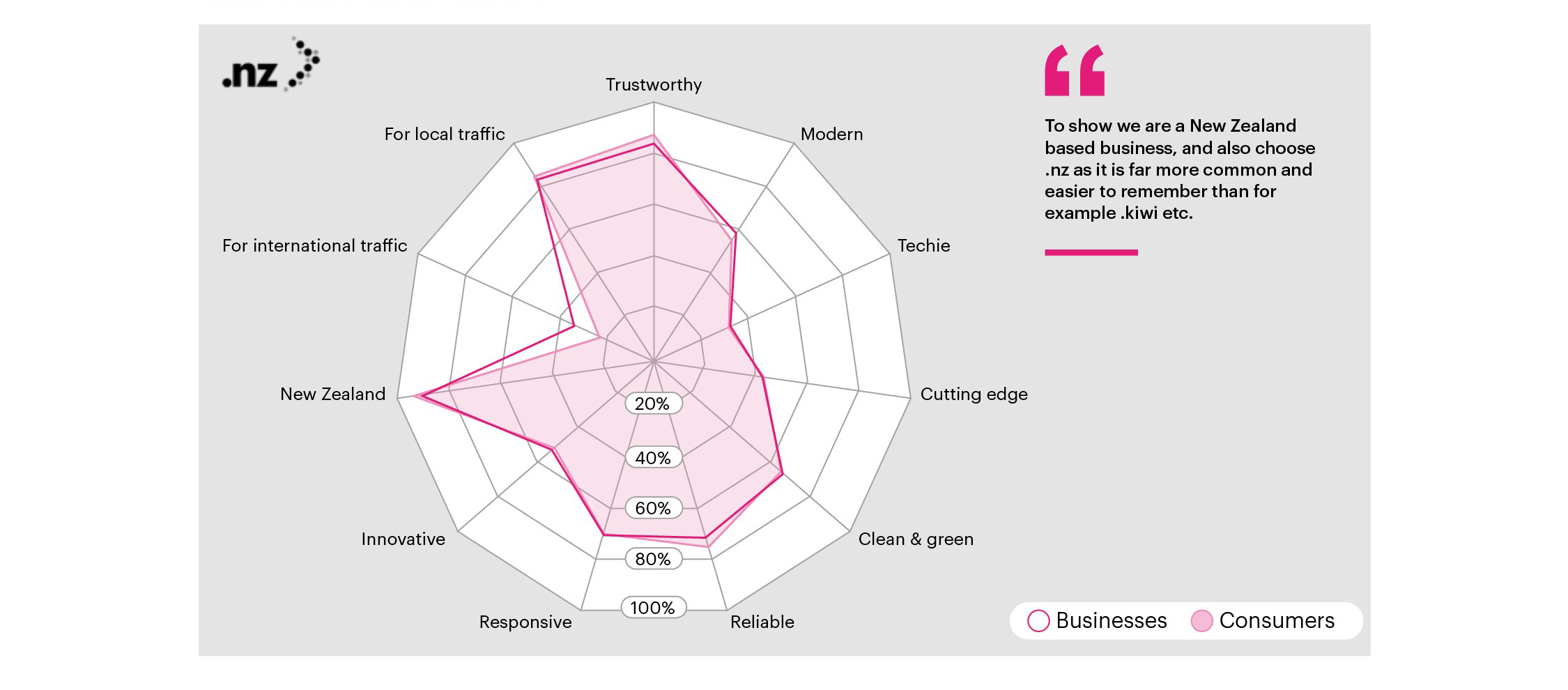 Figure 18 chart showing brand image perception of .nz. Described under heading Brand image perceptions of .nz chart description