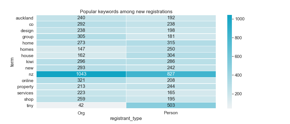 Popular keywords among new registrants. The top term being nz when looking at registrant type (1043 by org and 827 by person)
