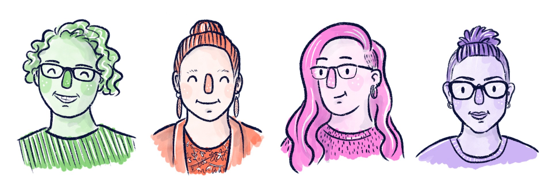 Cartoon images of the Tagging in Team - Melanie , Susan, Cassie, and Fairleigh