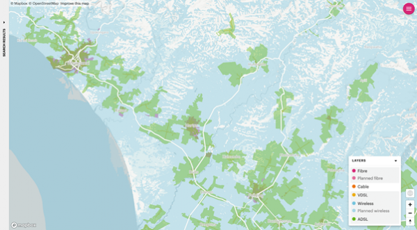 A view of ADSL coverage on the BroadbandMapNZ