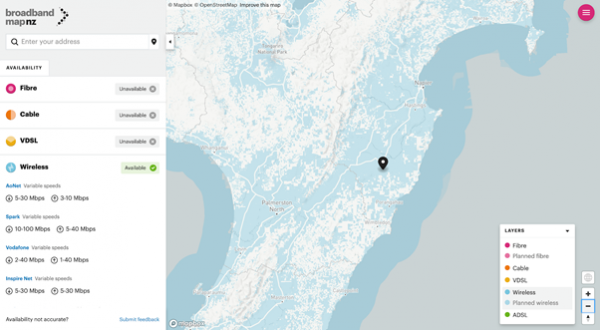 Wireless cover on the BroadbandMapNZ