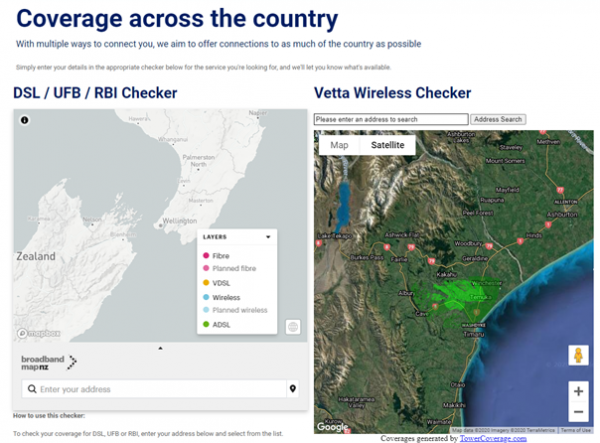 An example of the Broadband Map widget in use, alongside the website's own tool for easy comparison and use